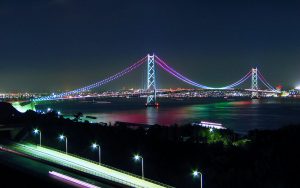 明石海峡大橋 世界一長い吊り橋 夜ライトアップ